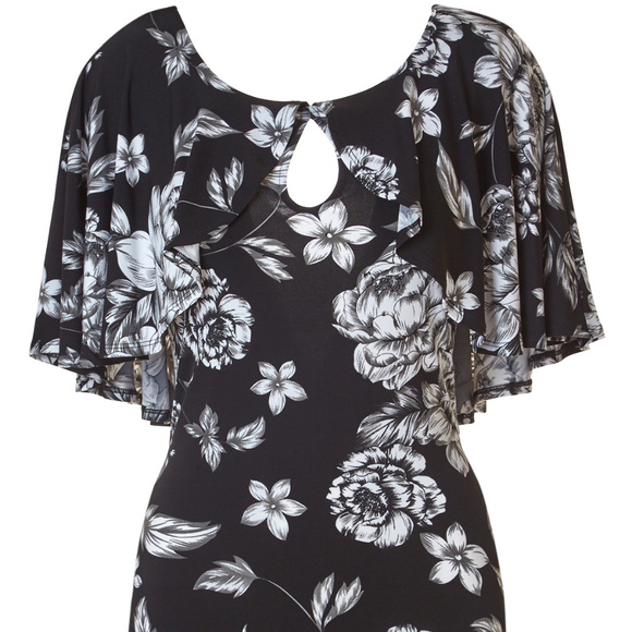 Black Floral Print Capelet Keyhole Top - Picture 1 of 3